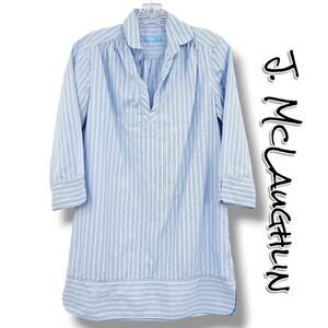 J McLaughlin Blue Stripe Popover Tunic Blouse XS Cotton Stretch Preppy Coastal